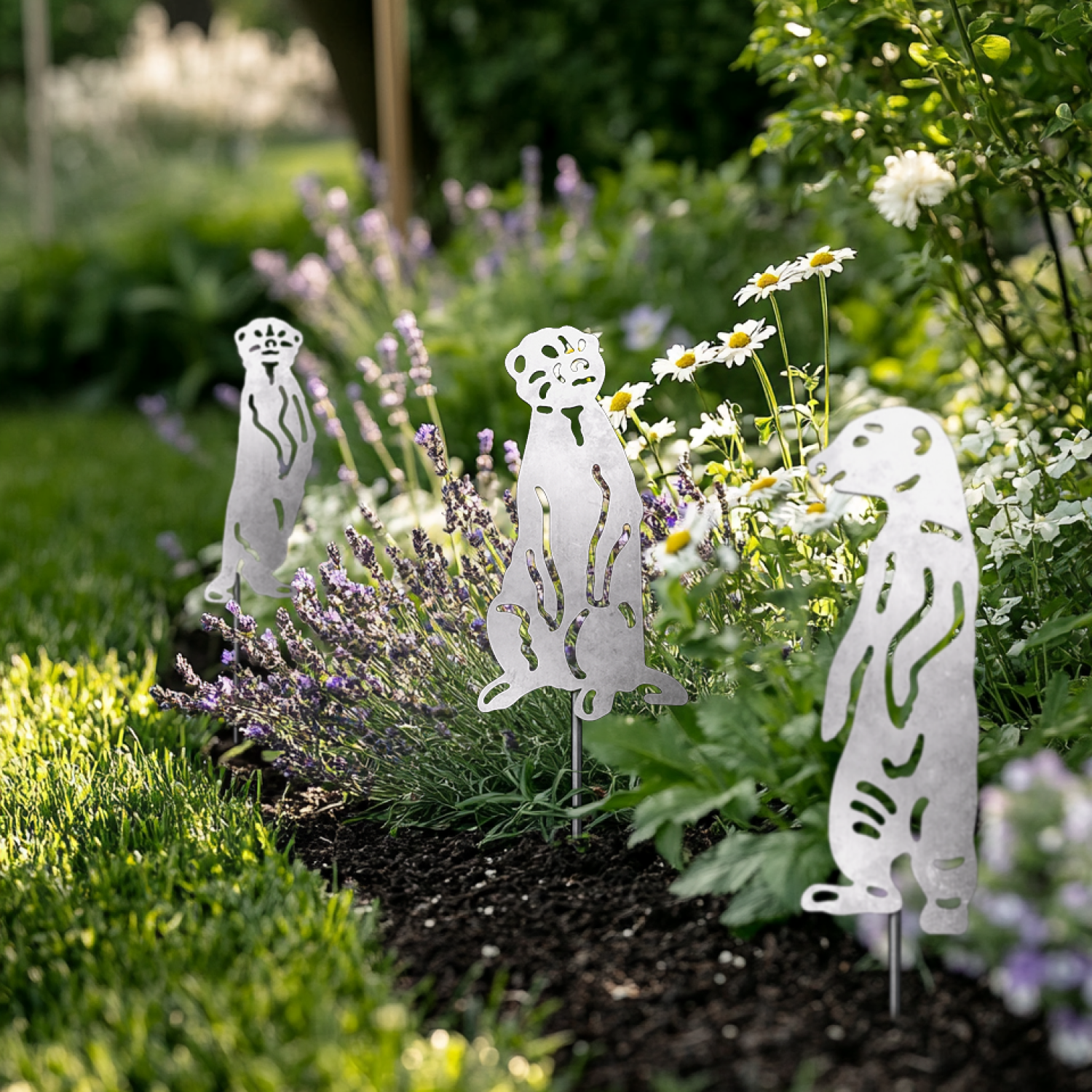 Erdmännchen Gartenstecker im Blumenbeet