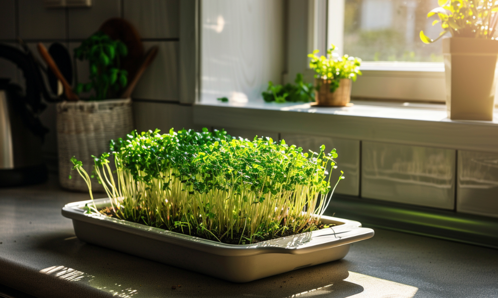 Anzuchtschale mit Microgreens in einer Küche, Microgreens anbauen