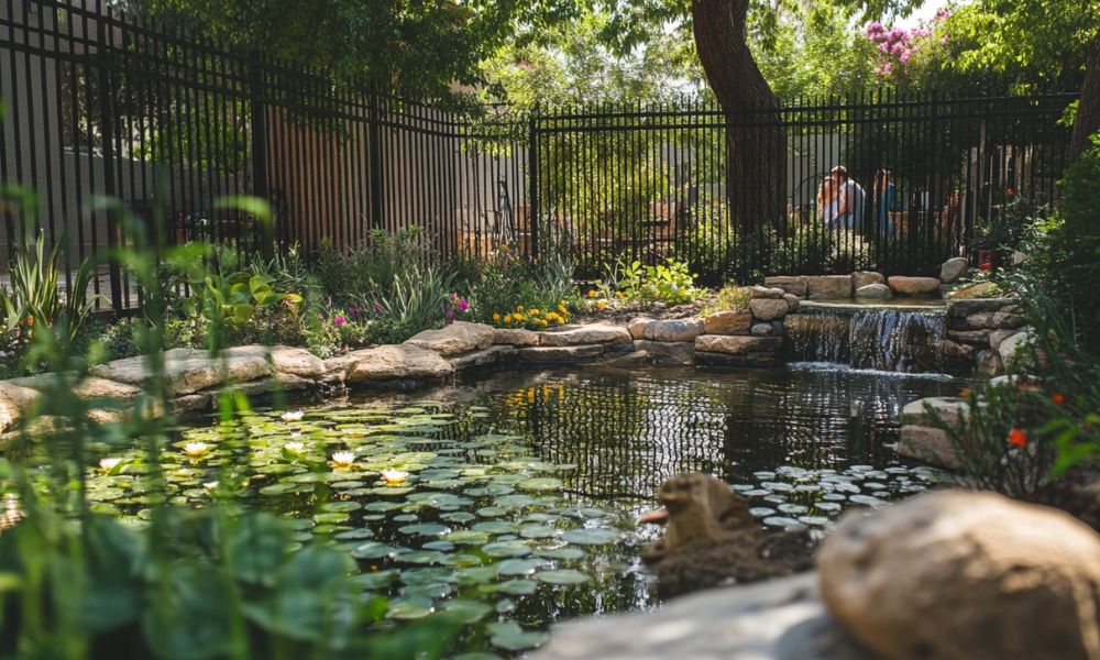 Teich kindersicher machen, Teich im Garten mit Zaun im Sommer